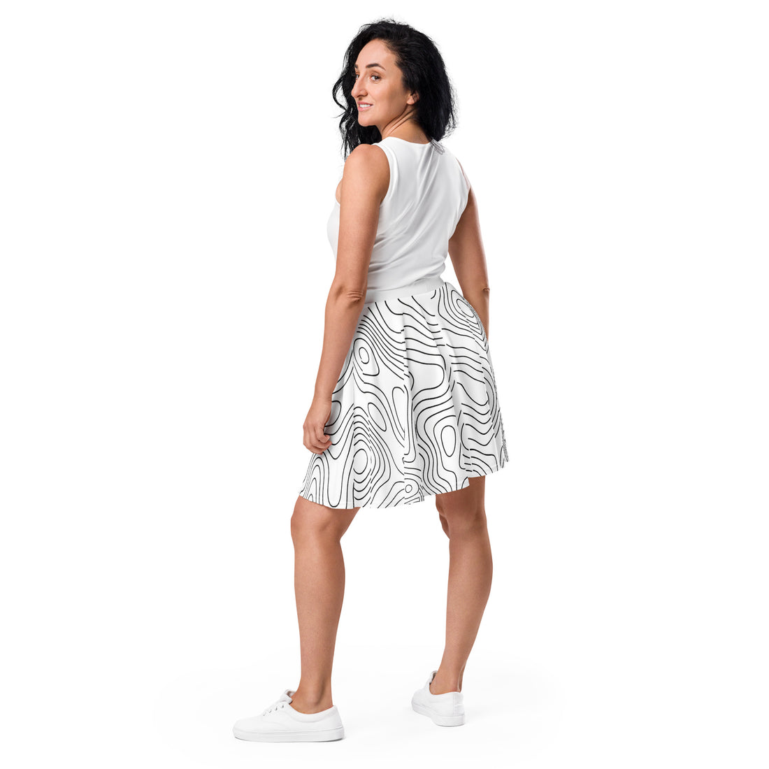 woman wearing white skater skirt - back