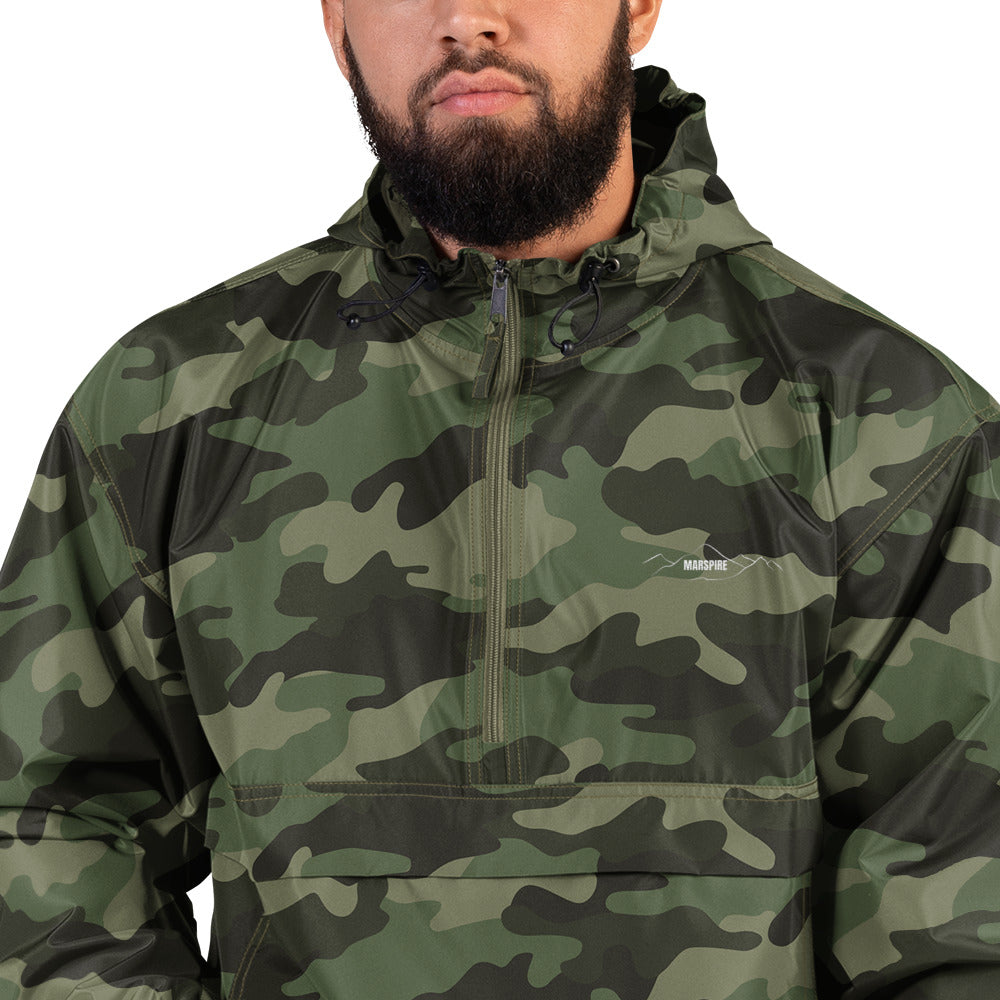 closeup of olive green camo champion packable jacket