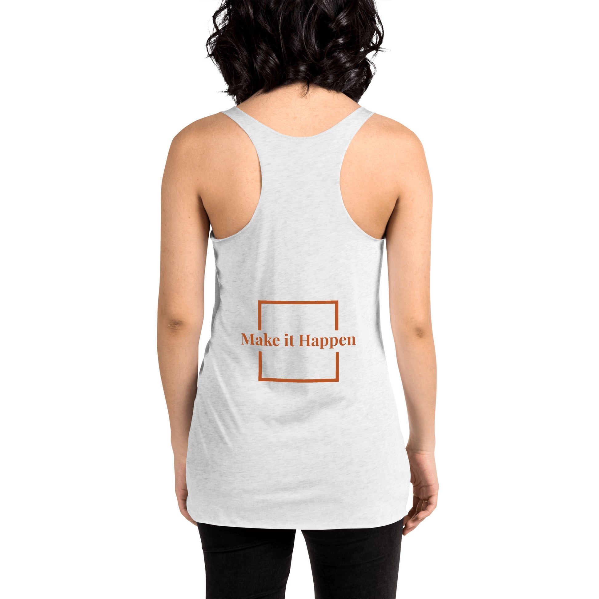 back view of heather white women's racerback tank tops